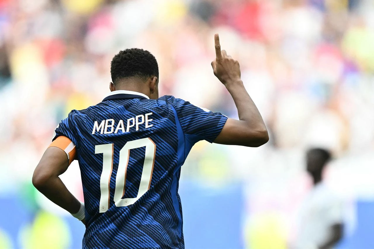 France's forward #10 Kylian Mbappe celebrates scoring during the 2026 World Cup match between France and England at the Miami Stadium in Miami, U.S, July 18, 2026. (AFP Photo)