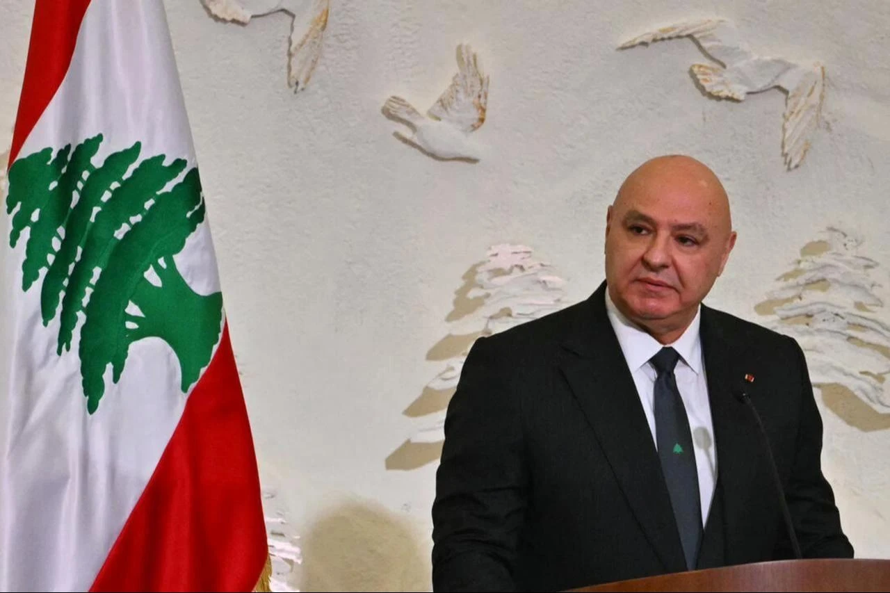 Lebanon's President Joseph Aoun delivers a speech during a meeting of Pope Leo XIV with authorities, civil society and diplomatic corps at the presidential palace in Baabda, November 30, 2025. (AFP Photo)