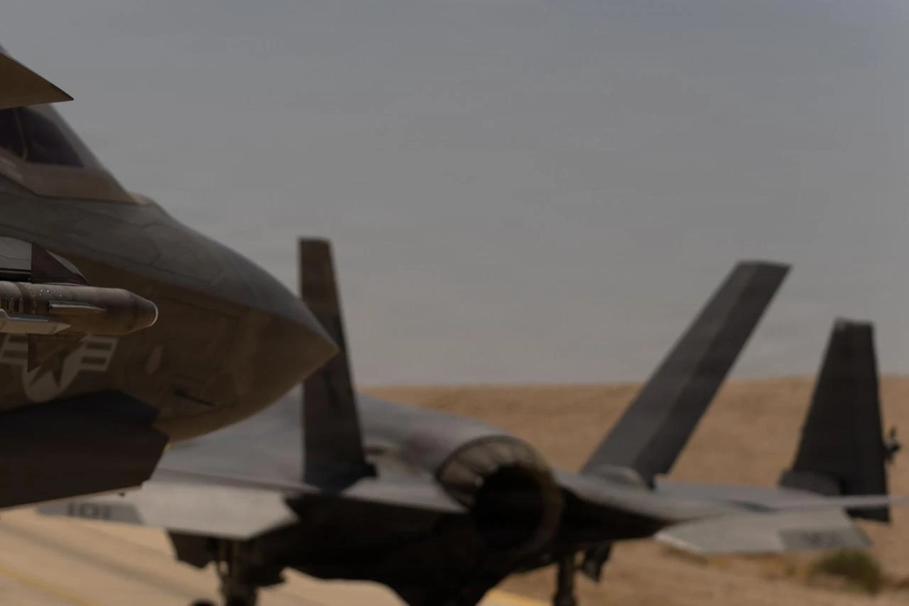 A U.S. Marine Corps F-35C Lightning II holds steady before executing a taxi during flight operations, at an undisclosed location in the Middle East, in support of Operation Epic Fury, May 27, 2026. (Photo via U.S. Marine Corps)