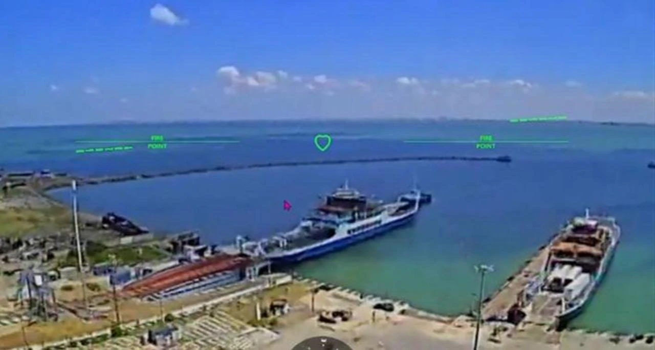 The screengrab photo shows a Russian transport and cargo ferry in the Sea of Azov during an attack by the Ukrainian drones, July 2026. (Photo via Telegram/robert_magyar)
