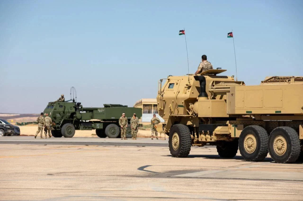 U.S. and Jordanian Armed Forces high mobility artillery rocket systems prepare for movement during sling load operations training in support of Eager Lion 2024 at Muwaffaq Salti Air Base, Jordan, May 16, 2024. (Photo via U.S. Army)