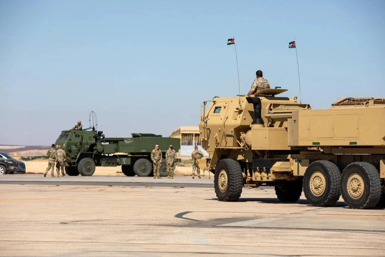 U.S. and Jordanian Armed Forces high mobility artillery rocket systems prepare for movement during sling load operations training in support of Eager Lion 2024 at Muwaffaq Salti Air Base, Jordan, May 16, 2024. (Photo via U.S. Army)