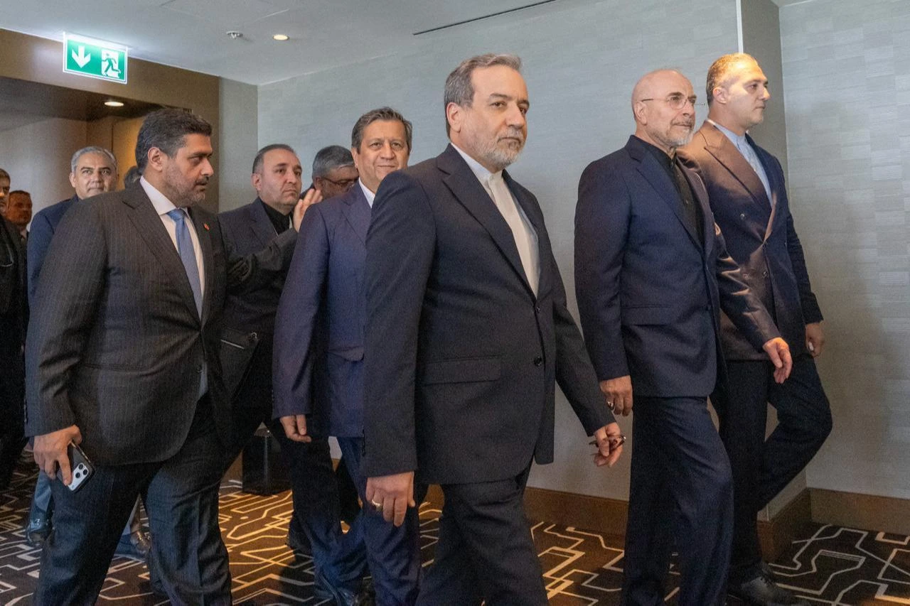 Iran's delegation including Minister of Foreign Affairs of Iran Abbas Araghchi (C) and Speaker of the Islamic Parliament of Iran, Mohammed Bagher Ghalibaf (2ndR) arrive for a quadrilateral meeting between the United States, Iran, Pakistan and Qatar at the Burgenstock luxury hotel complex near Lake Lucerne, Switzerland, June 21, 2026. (AFP Photo)