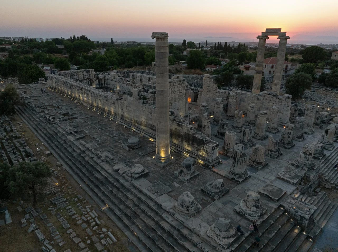An aerial view of the ancient Temple of Apollo in the Didim district of Aydin, Türkiye, illuminated as part of the Night Museum program on June 25, 2026. (AA Photo)