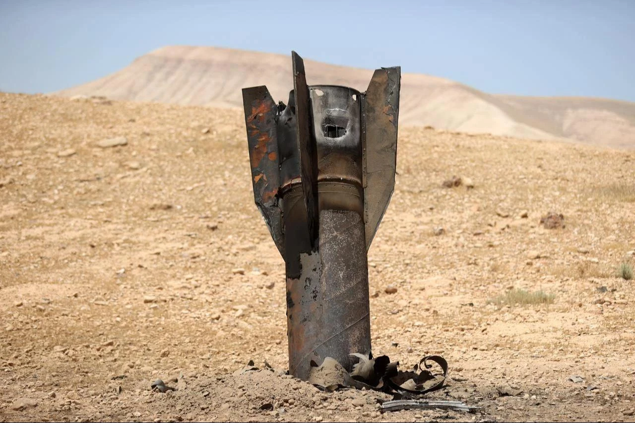 A fragment of an Iranian ballistic missile intercepted by Israeli air defense systems is seen after falling in an area near the city of Jericho in the eastern West Bank, Palestine, June 8, 2026. (AA Photo)