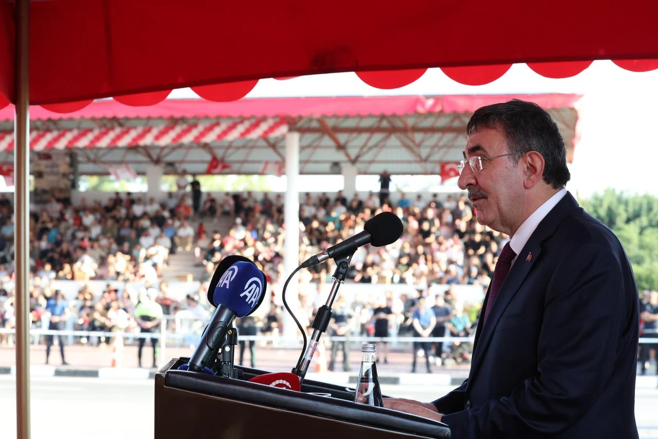 Türkiye's Vice President Cevdet Yilmaz deliveres a speech at the ceremony during the July 20 Peace and Freedom Day Ceremony in TRNC, on July 20, 2026. (AA Photo)