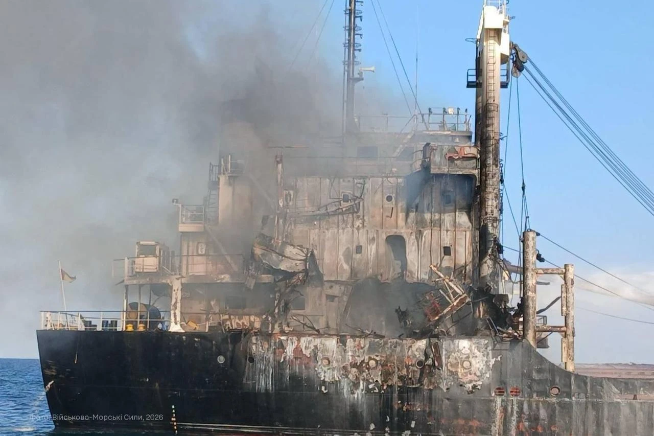 The Turkish-owned bulk carrier Golden Leo burns after what Ukrainian authorities say was a Russian missile strike off the coast of Odesa, Ukraine, July 20, 2026. (Photo via Facebook/navy.mil.gov.ua)