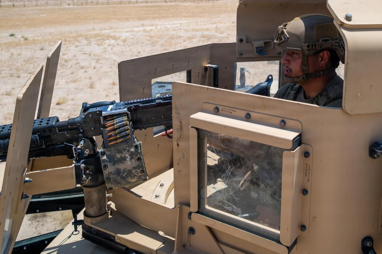 U.S. Air Force Defender mounts the turret on a Joint Light Tactical Vehicle (JLTV) at a base in the U.S. Central Command area of responsibility July 3, 2026. (Photo via U.S. Air Force)