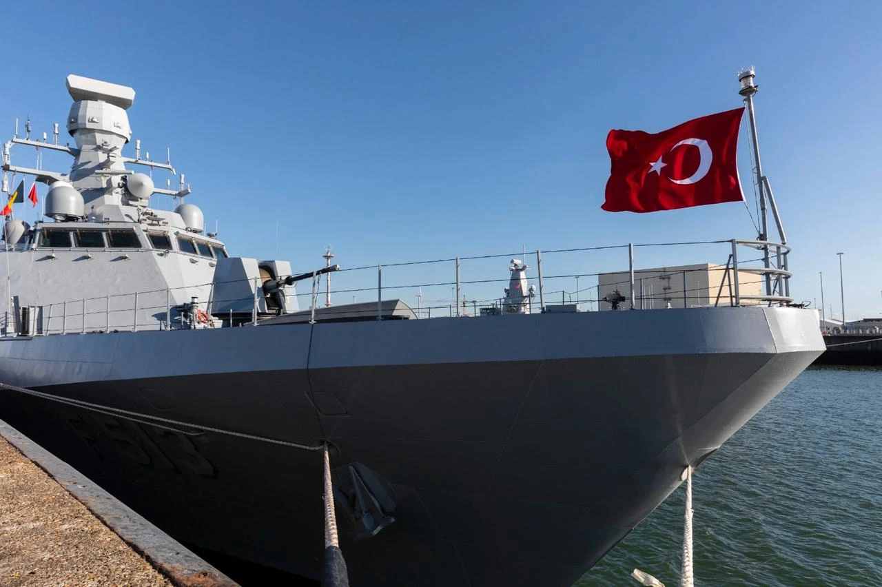 Turkish naval ship TCG Burgazada (F-513), developed within the scope of the MILGEM Project, docks at the Port of Zeebrugge in Bruges, Belgium, July 2, 2026. (AA Photo)