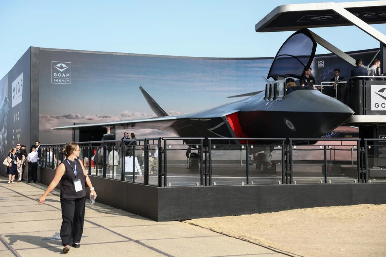 A display for the next-generation Global Combat Air Program (GCAP) stealth fighter Tempest is pictured at Farnborough International Airshow 2026 in Farnborough, London, July 21, 2026. (AFP Photo)