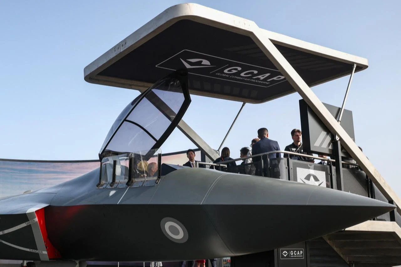 A display for the next-generation Global Combat Air Program (GCAP) stealth fighter Tempest is pictured at Farnborough International Airshow 2026 in Farnborough, London, July 21, 2026. (AFP Photo)