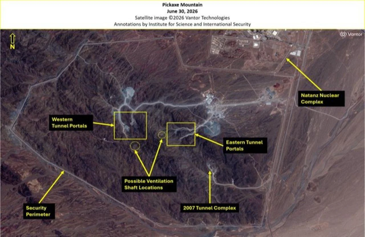 A photo dated June 30, 2026, by Vantor Technologies shows an image overview of Pickaxe Mountain in Iran. (Photo via isis-online.org)