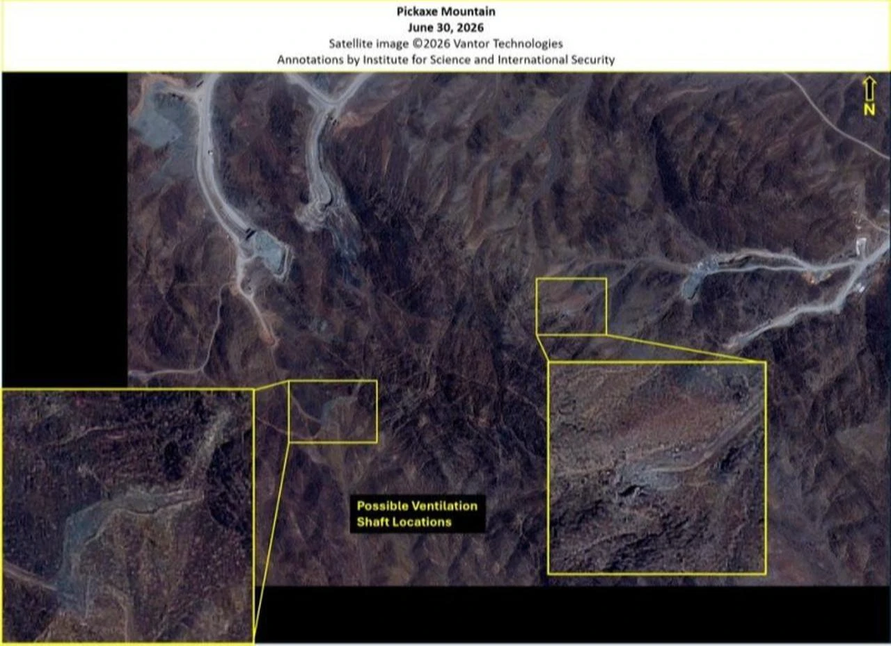 A photo dated June 30, 2026, by Vantor Technologies, showing Pickaxe Mountain with potential locations for ventilation shafts. (Photo via isis-online.org)