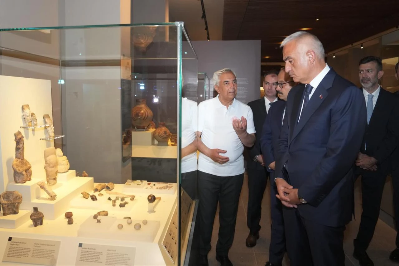 Türkiye’s Culture and Tourism Minister Mehmet Nuri Ersoy examines newly arranged archaeological exhibits during a visit to the Museum of Anatolian Civilizations in Ankara, Türkiye, July 21, 2026. (AA Photo)