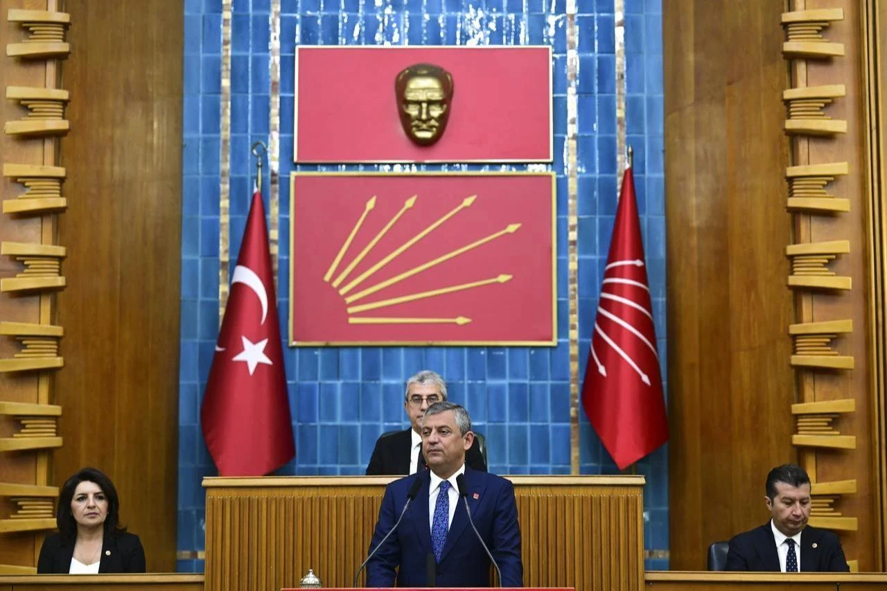 Suspended Chairman of the Republican People's Party (CHP) Ozgur Ozel delivers a speech as he attends his party's parliamentary group meeting at the Turkish Parliament in Ankara, Türkiye, on July 14, 2026. (AA Photo)