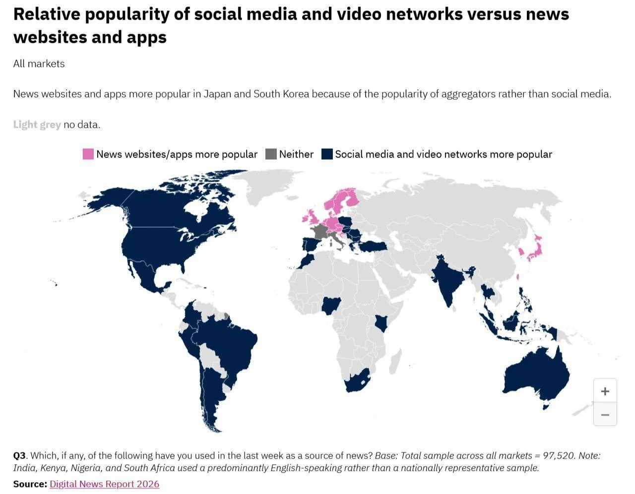 A map from the Digital News Report 2026 shows where social media and video networks outpace news websites and apps as a news source. (Reuters Institute, Digital News Report 2026)