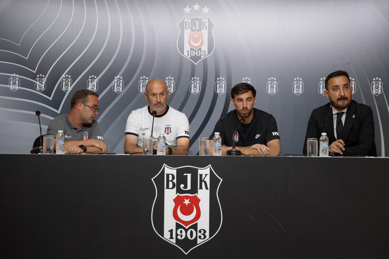Head coach of Besiktas Vincenzo Italiano (2nd L) and team captain Orkun Kokcu (2nd R) answer questions during a press conference ahead of the Midtjylland clash as part of UEFA Europa League second qualifying round, at BJK Nevzat Demir Facilities in Istanbul, Türkiye on July 22, 2026. (AA Photo)