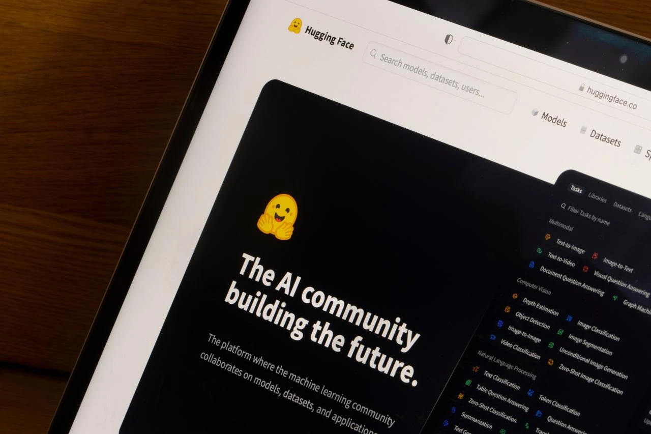 The Hugging Face website, featuring artificial intelligence models, datasets and development tools, is displayed on a tablet screen. (Adobe Stock Photo)