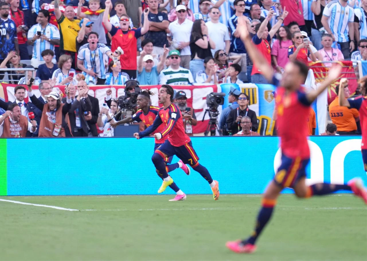 Ferran Torres of Spain celebrates after scoring his team's first goal during the FIFA World Cup 2026 Final match between Spain and Argentina at New York New Jersey Stadium in East Rutherford, New Jersey, USA on July 19, 2026. (AA Photo)