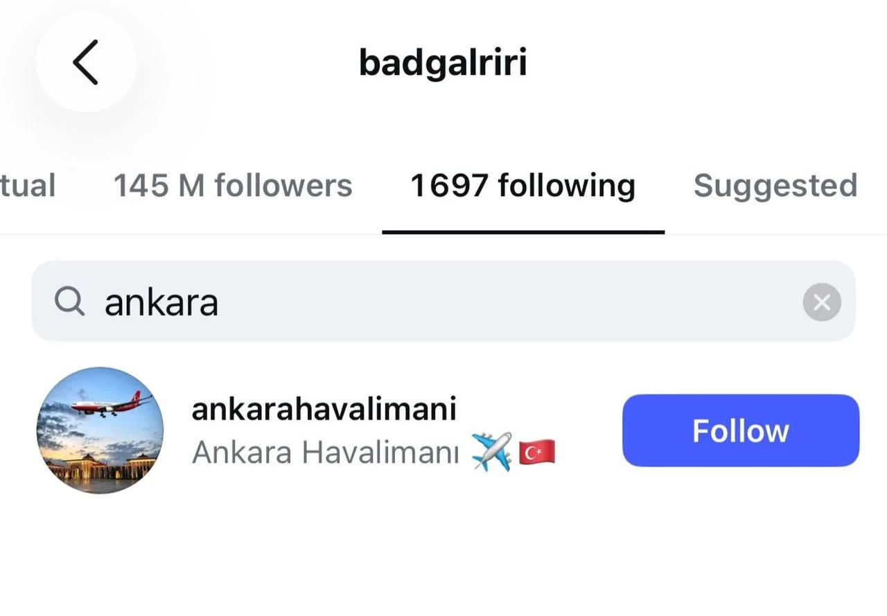 Screenshot shows Rihanna following Ankara Airport on Instagram. (Screenshot via Instagram/@badgalriri)