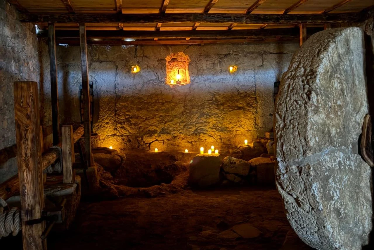 A large crushing stone stands inside the restored olive oil workshop at Syedra Ancient City in Antalya, Türkiye. (Photo via Ministry of Culture and Tourism)