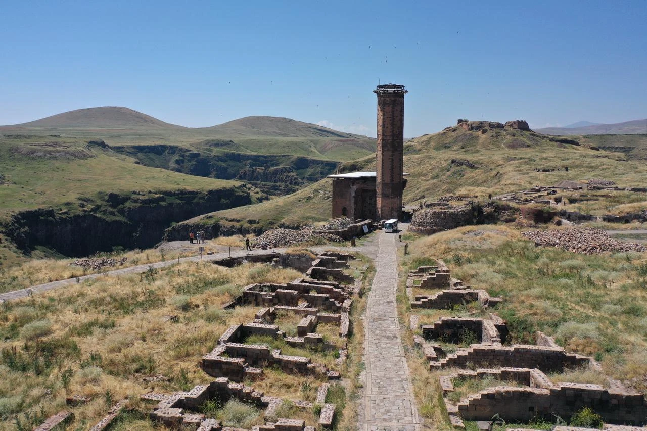 A general view shows the ruins and historic structures of the UNESCO World Heritage-listed Ani archaeological site in Kars, eastern Türkiye, July 23, 2026. (AA Photo)