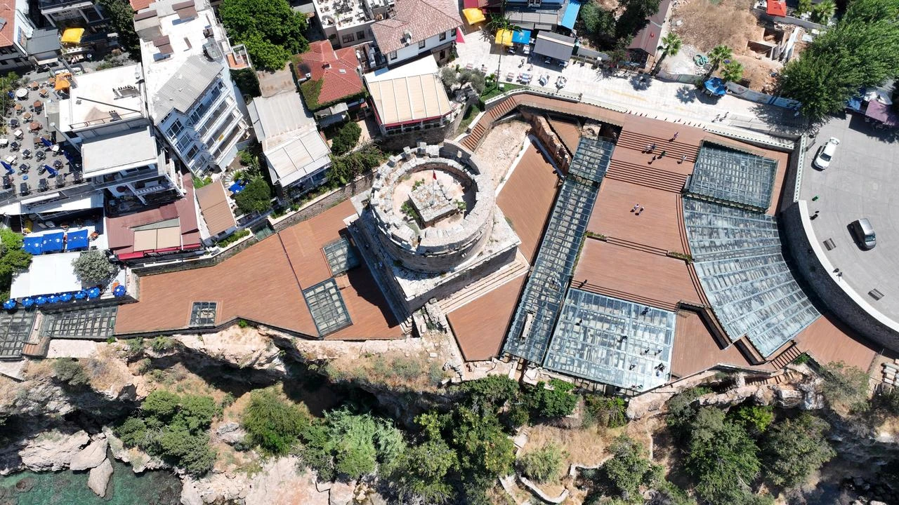 An aerial view shows Hıdırlık Tower and the surrounding archaeological site after restoration and excavation work in Antalya, Türkiye, July 21, 2026. (AA Photo)