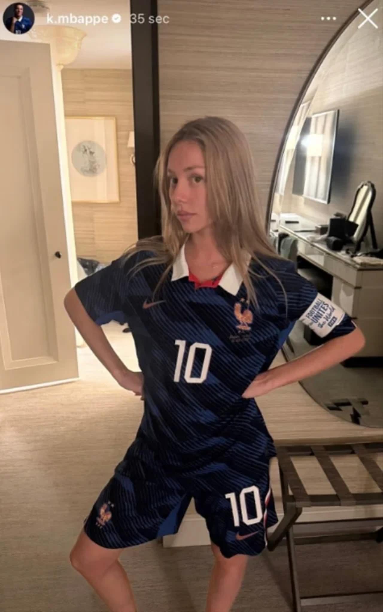 A screenshot reportedly shows Ester Exposito wearing a France national team shirt and shorts in a hotel room, from an Instagram Story that Mbappe allegedly deleted shortly after posting. (Photo via Instagram/@k.mbappe)