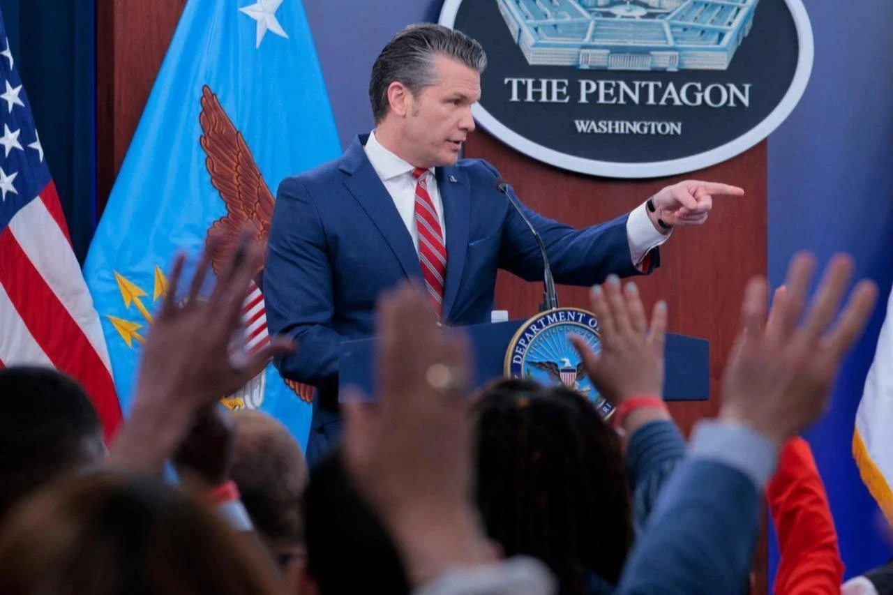 U.S. Secretary of War Pete Hegseth takes questions during a press briefing at the Pentagon in Arlington, Virginia on May 05, 2026. (AFP Photo)