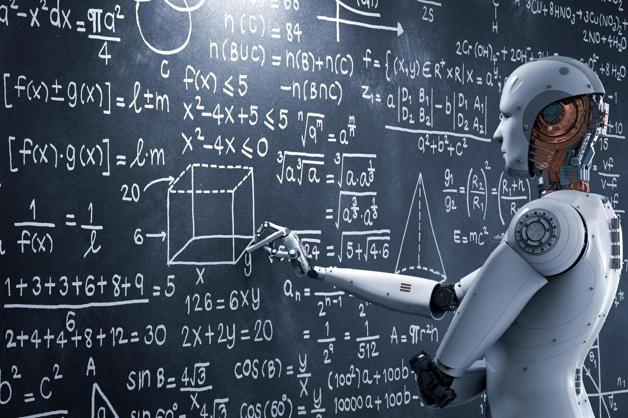A humanoid robot writes mathematical equations on a chalkboard in an undated illustration. (Adobe Stock Photo)