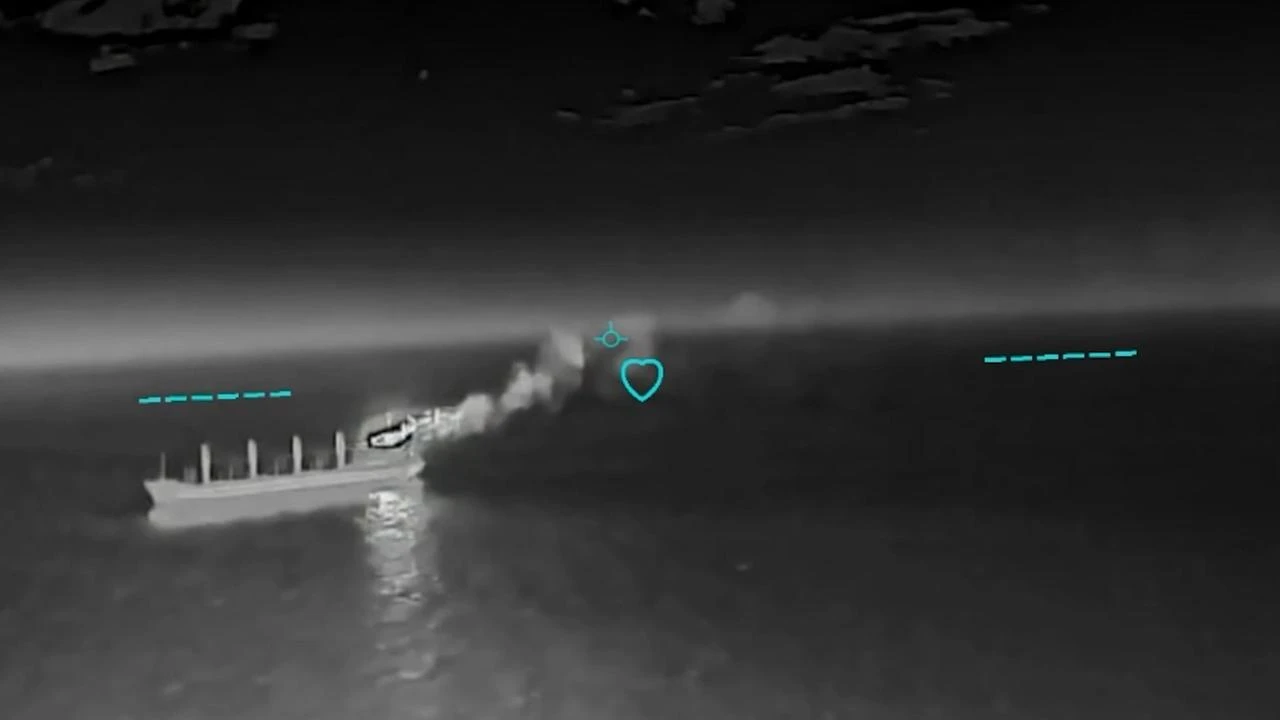 The screengrab photo shows a Russian vessel in the Black Sea and the Sea of Azov during an attack by Ukrainian drones on July 21-22, 2026. (Photo via screengrab from video/robert_magyar)
