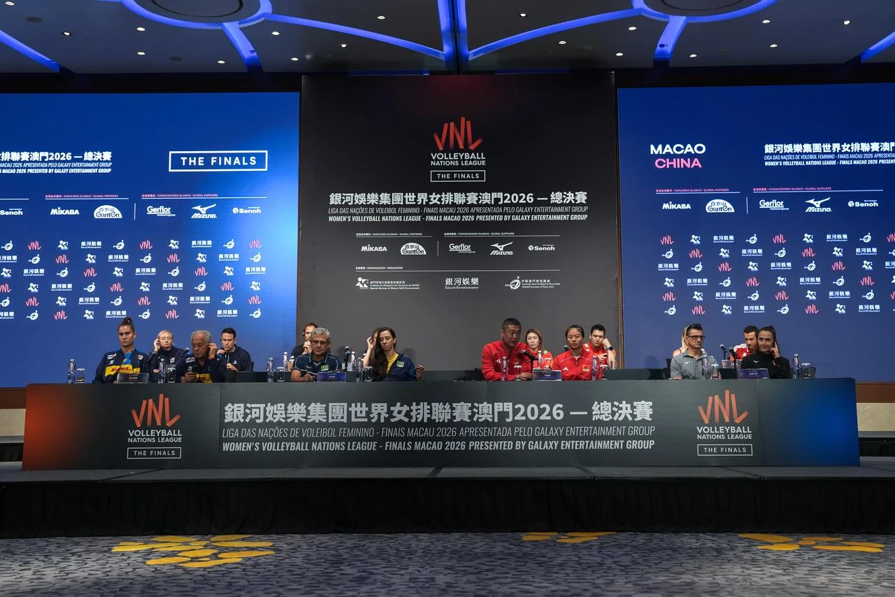 Representatives from teams competing in the 2026 FIVB Women’s Volleyball Nations League Finals attend a press conference in Macao, China, July 21, 2026. (AA Photo)
