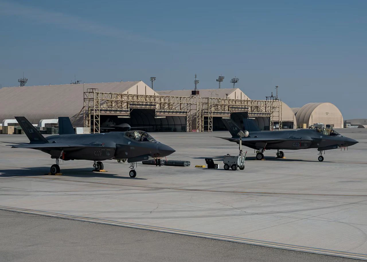 Two U.S. Air Force F-35A Lightning IIs are staged at Al Dhafra Air Base, United Arab Emirates, on Nov. 17, 2025. (Photo via US Air Force)
