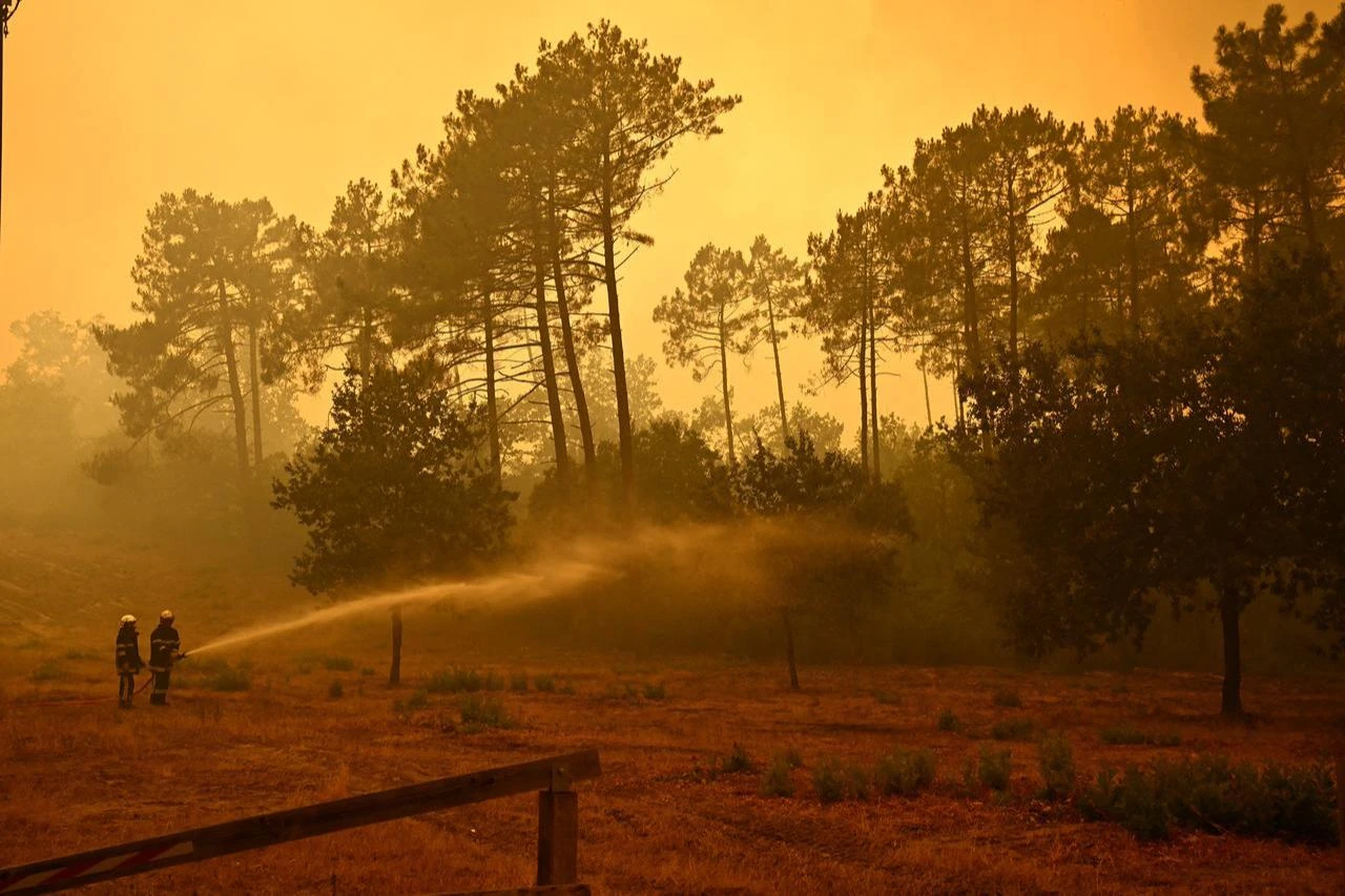 Firefighters spray water along the edge of a forest during a wildfire near the town of Lege-Cap-Ferret, in southwestern France, July 24, 2026. (AFP Photo)