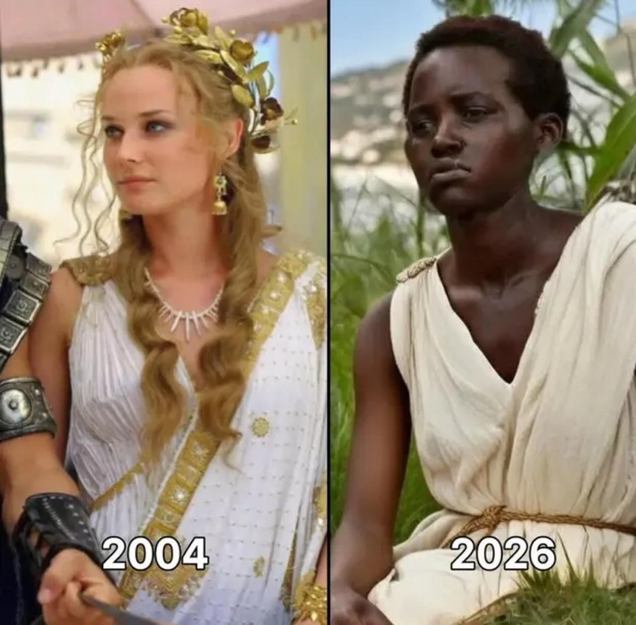 A viral comparison image contrasts the blonde portrayal of Helen in the 2004 film Troy with a darker-skinned interpretation linked to the 2026 adaptation of The Odyssey. (Photo via Feminegra)