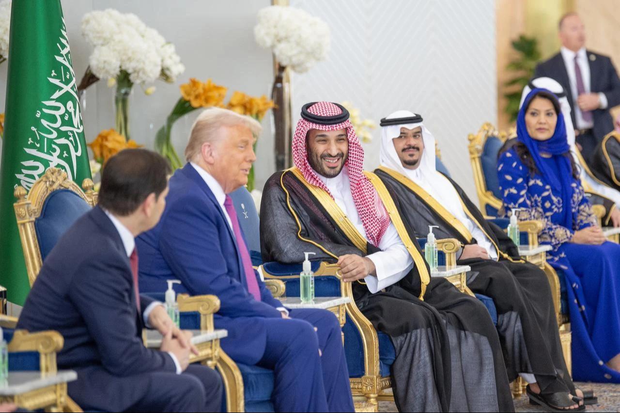 US President Donald Trump (2nd L) is welcomed by Saudi Crown Prince Mohammed bin Salman Al Saud (3rd R) as he arrives in Riyadh, for the first leg of his three-country Middle East tour in Saudi Arabia on May 13, 2025. (Bandar Al-Jaloud/Saudi Royal Court/AA Photo)