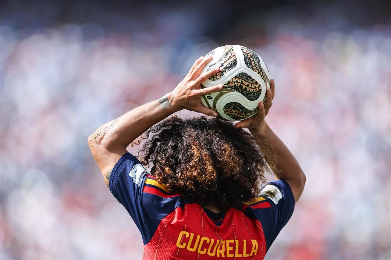Spain's defender #24 Marc Cucurella takes a throw-in during the 2026 World Cup football tournament final match between Spain and Argentina at the New York/New Jersey Stadium in East Rutherford on July 19, 2026. (AFP Photo)
