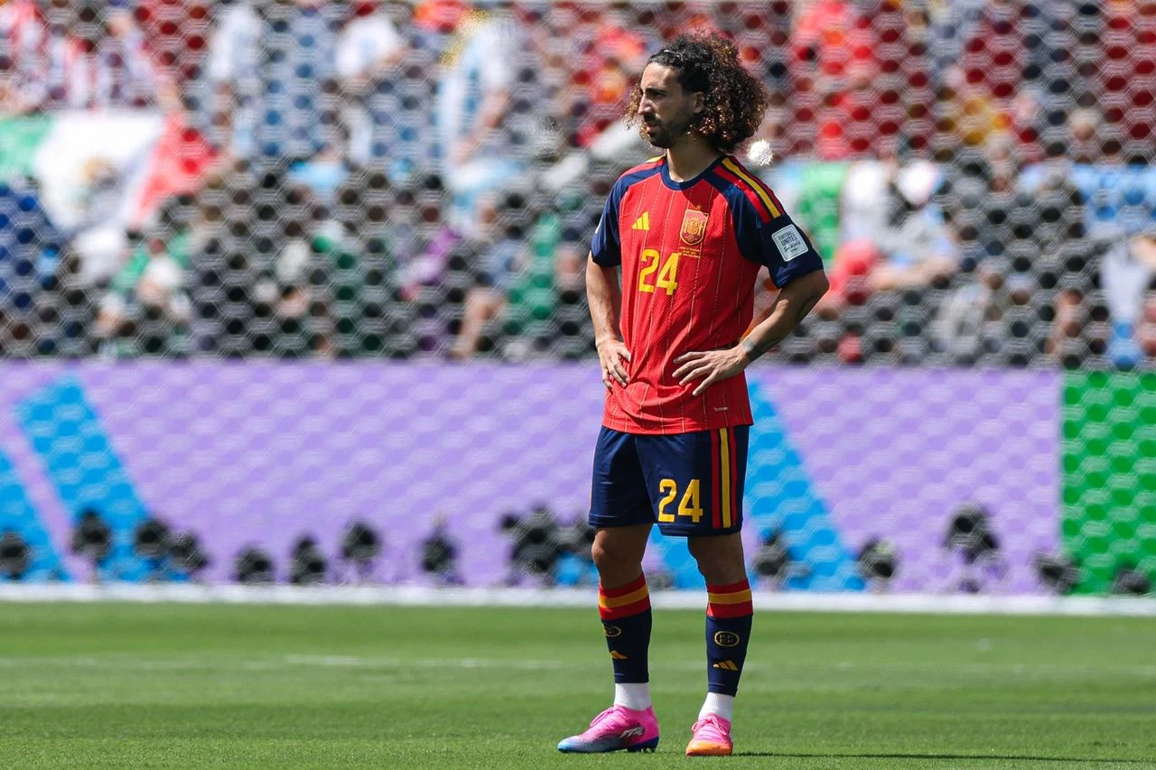 Spain's defender #24 Marc Cucurella stands on the pitch ahead of the 2026 World Cup football tournament final match between Spain and Argentina at the New York/New Jersey Stadium in East Rutherford on July 19, 2026. (AFP Photo)