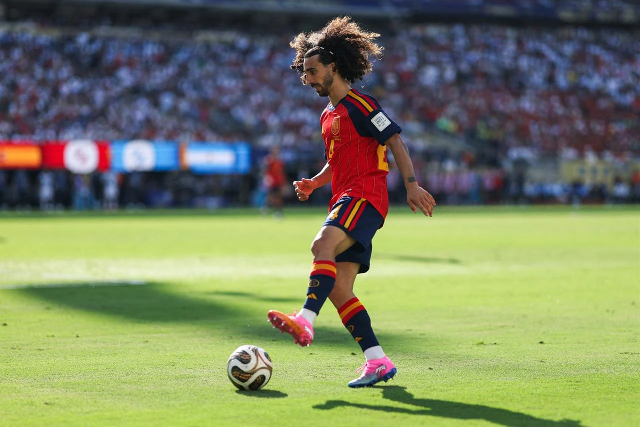 Spain's defender #24 Marc Cucurella controls the ball during the 2026 World Cup football tournament final match between Spain and Argentina at the New York/New Jersey Stadium in East Rutherford on July 19, 2026. (AFP Photo)