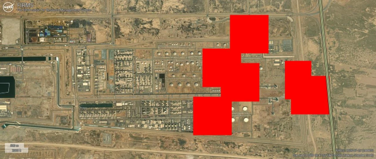 Photo shows NASA's FIRMS satellite imagery showing a significant thermal anomaly at the Saudi Aramco Jazan refinery in Saudi Arabia, July 25, 2026. (Photo via firms.modaps.eosdis.nasa.gov)