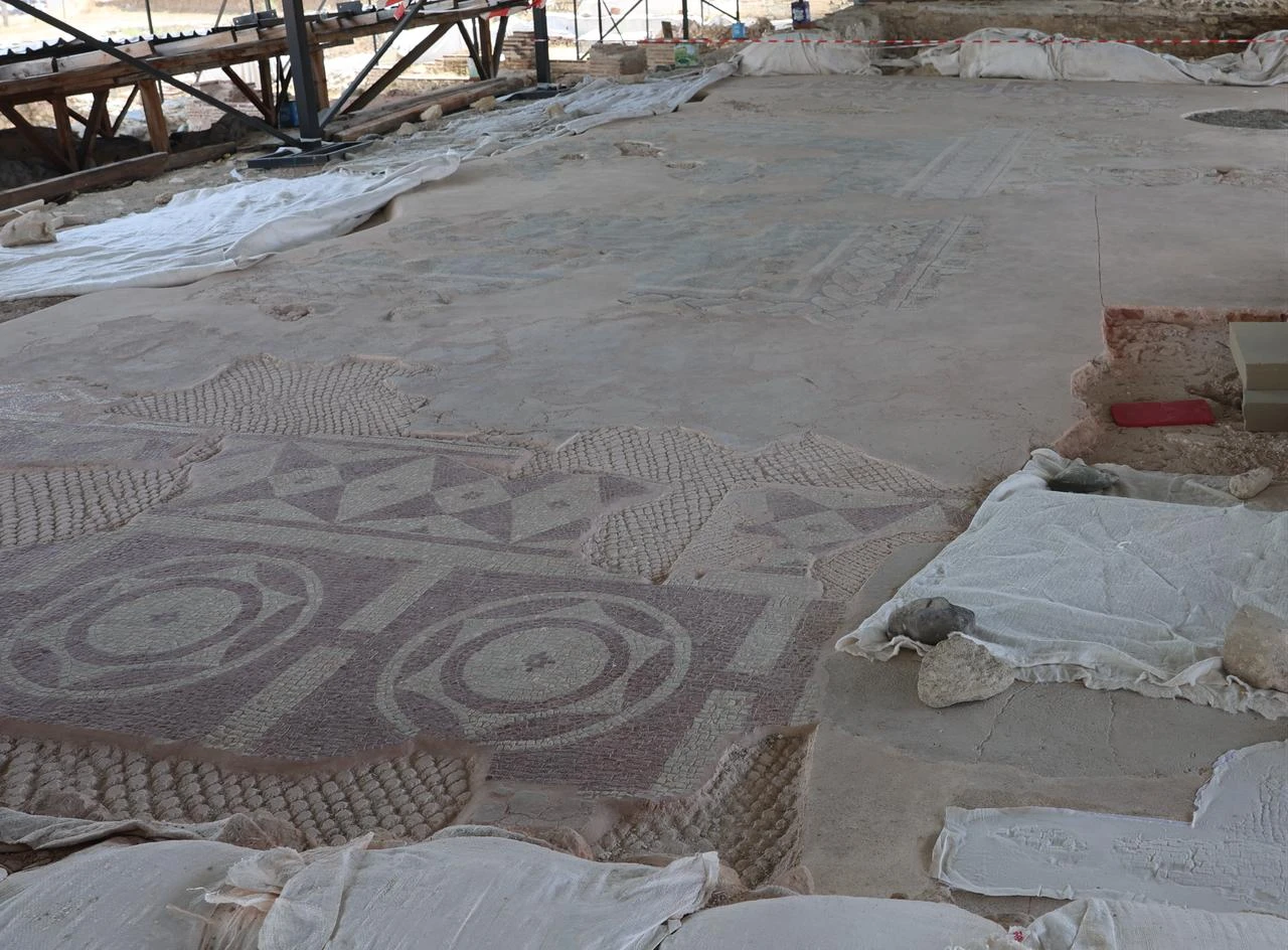 Preserved geometric floor mosaics are seen at the Roman Villa in the ancient city of Pompeiopolis, where conservation and excavation work continues in Kastamonu, northern Türkiye. (AA Photo)