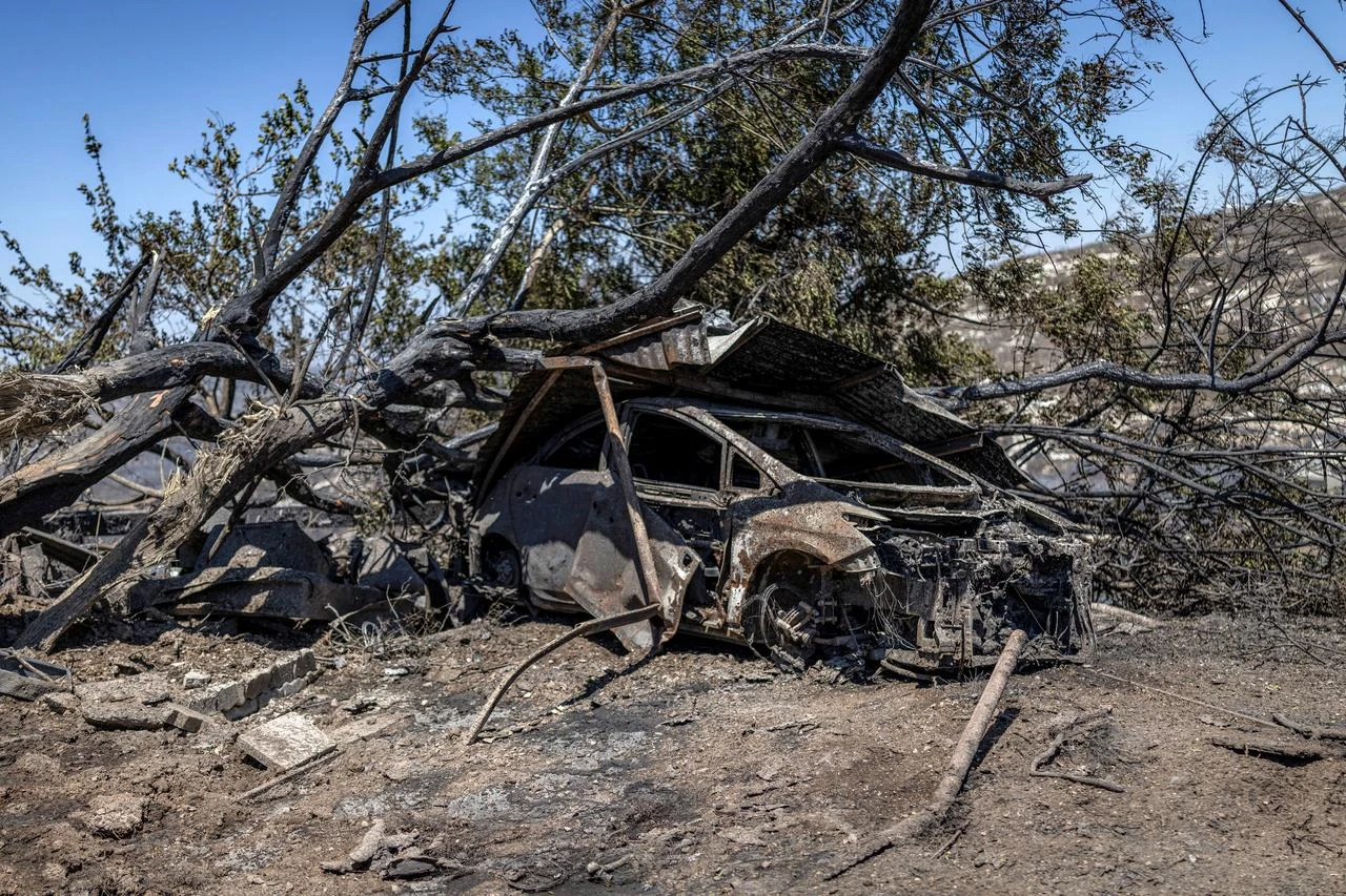 The husk of a destroyed vehicle lies under a fallen tree in the aftermath of a fire the previous day in the Israeli settlement of Havat Gilad, adjacent to the Palestinian village of Tell in the occupied West Bank, July 19, 2026. (AFP Photo)