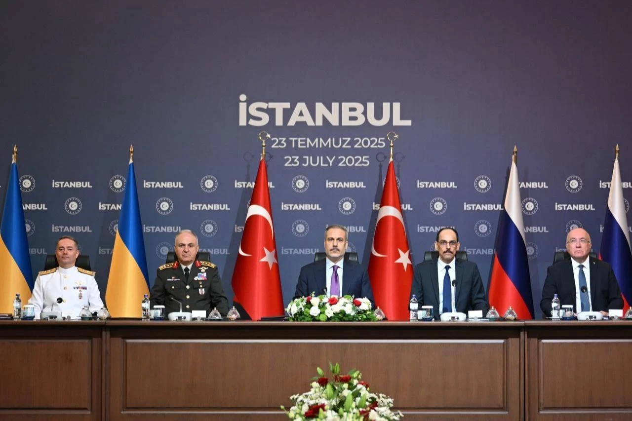 Members of Turkish delegation, (from 2nd L) Chief of Turkish General Staff General Metin Gurak, Turkish Foreign Minister Hakan Fidan, head of Turkish Intelligence Ibrahim Kalin, Turkish ambassador of Russian Mehmet Samsar, attend the second meeting with Russia and Ukraine delegations at the Ciragan Palace, in Istanbul, on June 2, 2025. (AFP Photo)