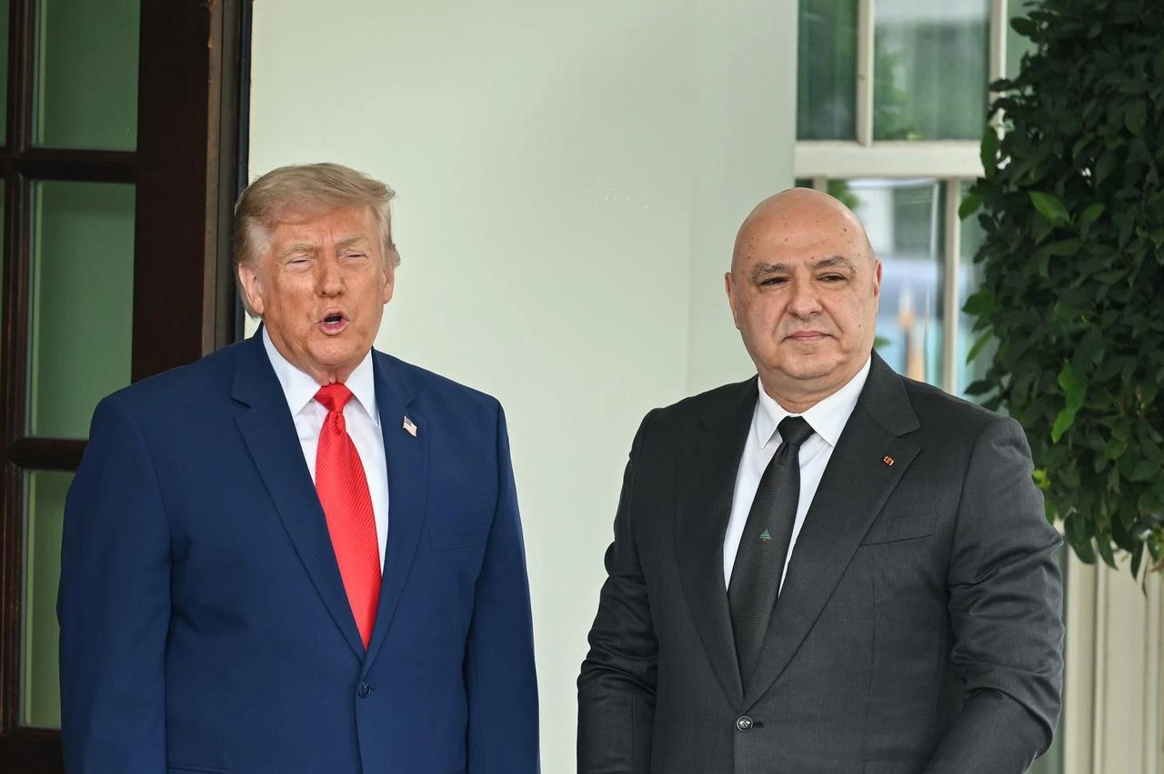 U.S. President Donald Trump (L) greets Lebanese President Joseph Aoun (R) upon his arrival at the White House in Washington, D.C., United States, July 21, 2026. (AA Photo)