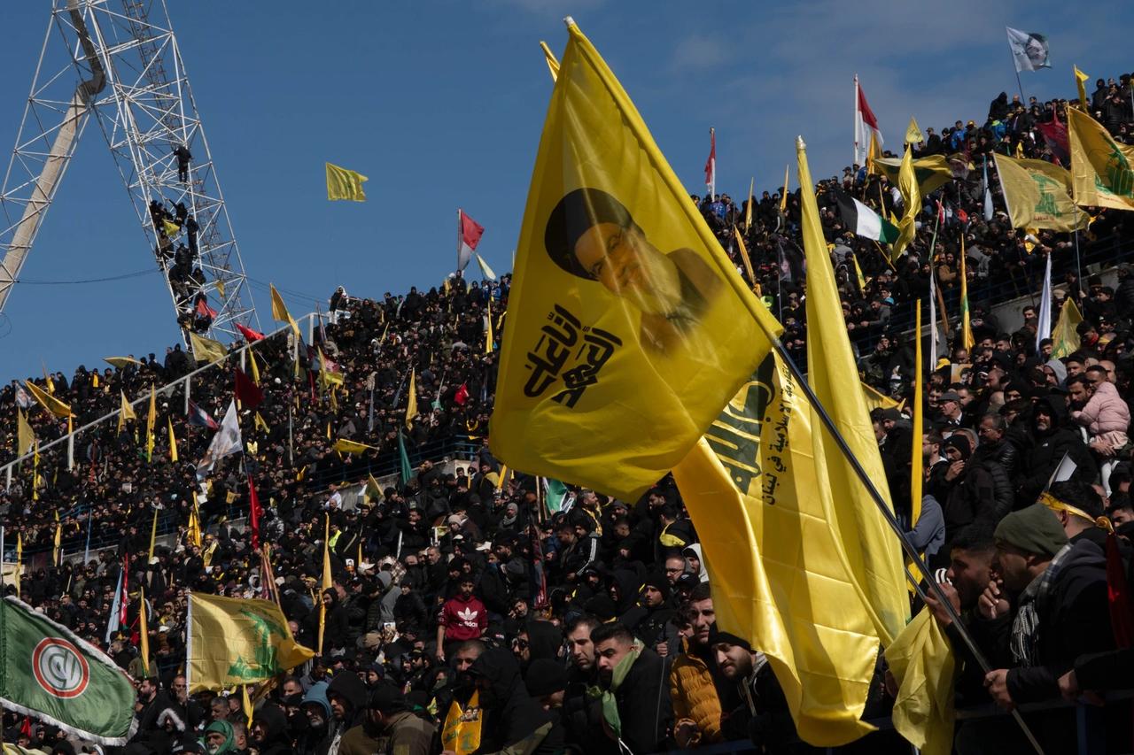 Thousands of mourners gather at Camille Chamoun Sports City Stadium for the funeral of former Hezbollah chief Hassan Nasrallah in Beirut, capital of Lebanon, Feb. 23, 2025. (AA Photo)