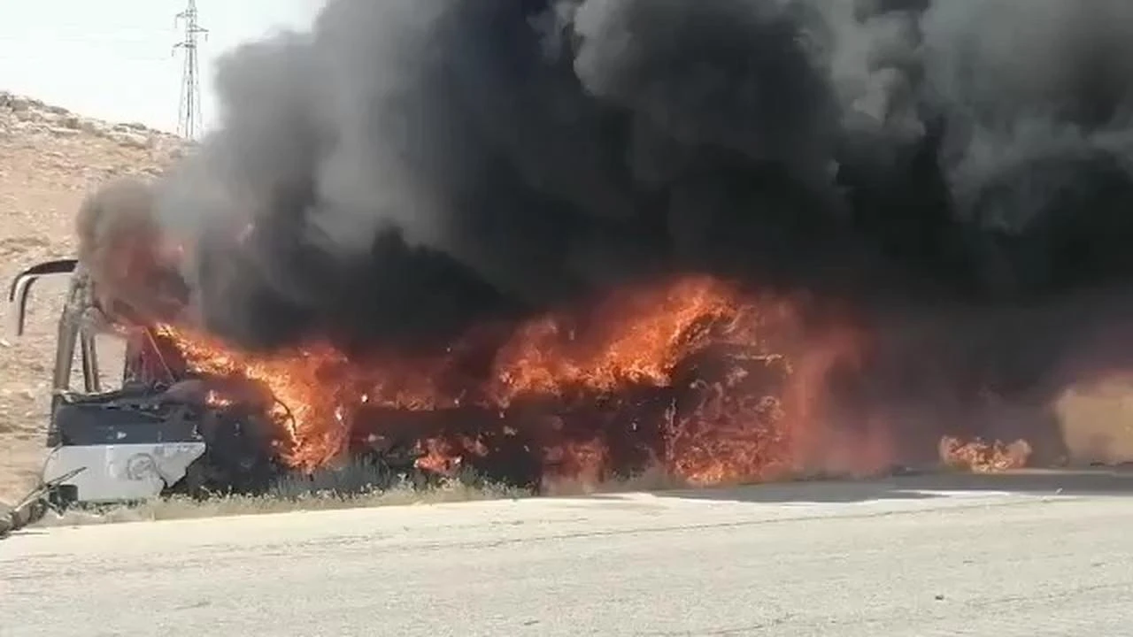 A collision involving two passenger buses on the Damascus-Deir ez-Zor highway near Palmyra killed 35 people and injured 30 others, July 25, 2026. (Photo via X)