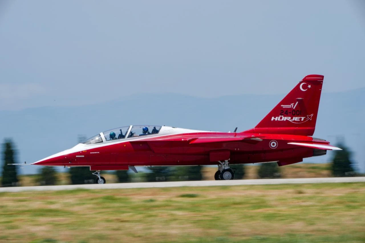 Turkish Air Force aircraft, including the Hurjet advanced jet trainer, line up on the runway during an "elephant walk" activity in Izmir, Türkiye, June 4, 2026. (AA Photo)