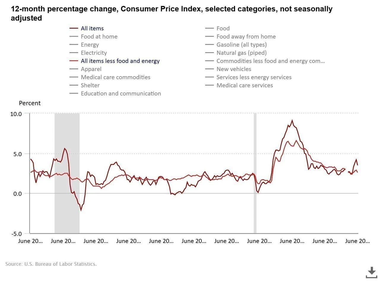 Line chart shows the 12-month percentage change in the U.S. Consumer Price Index across selected categories over the past 20 years. (Chart via bls.gov)