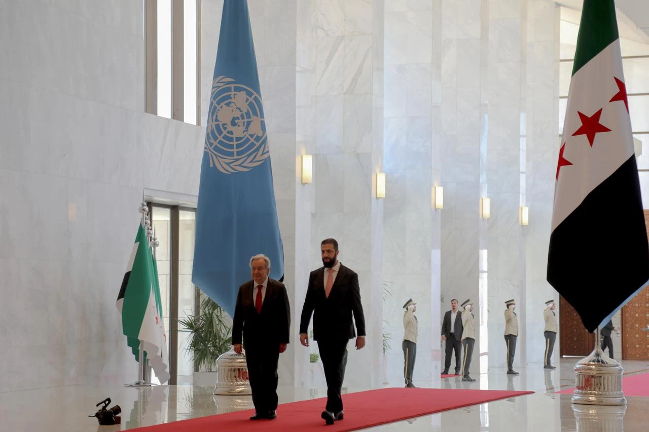 Syrian President Ahmed al-Sharaa (R) meets with United Nations Secretary-General Antonio Guterres (L) in Damascus, Syria, on July 25, 2026. (AA Photo)