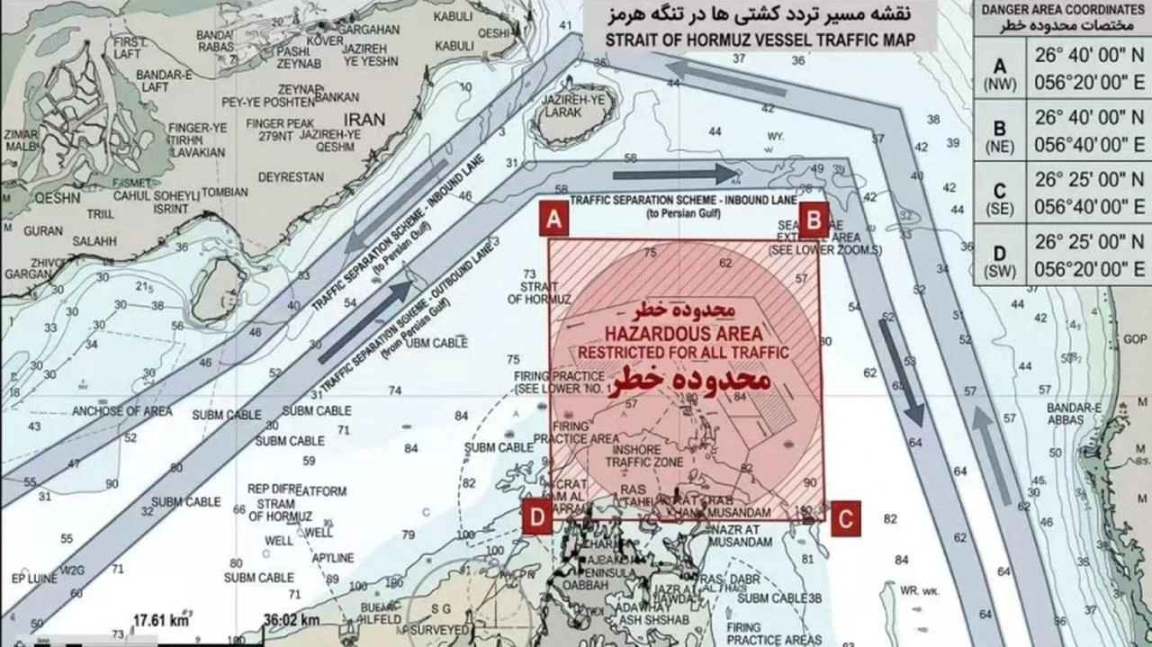 A map released by Iranian authorities shows the designated shipping corridor through the Strait of Hormuz. (Photo via X)